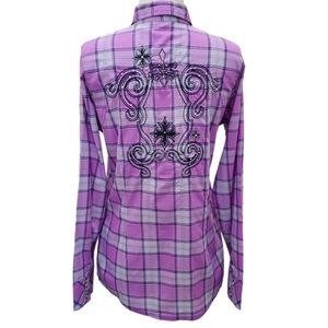 Wrangler Cowgirls Rock 47 Western Snap Button Down Purple Plaid Shirt Sz M